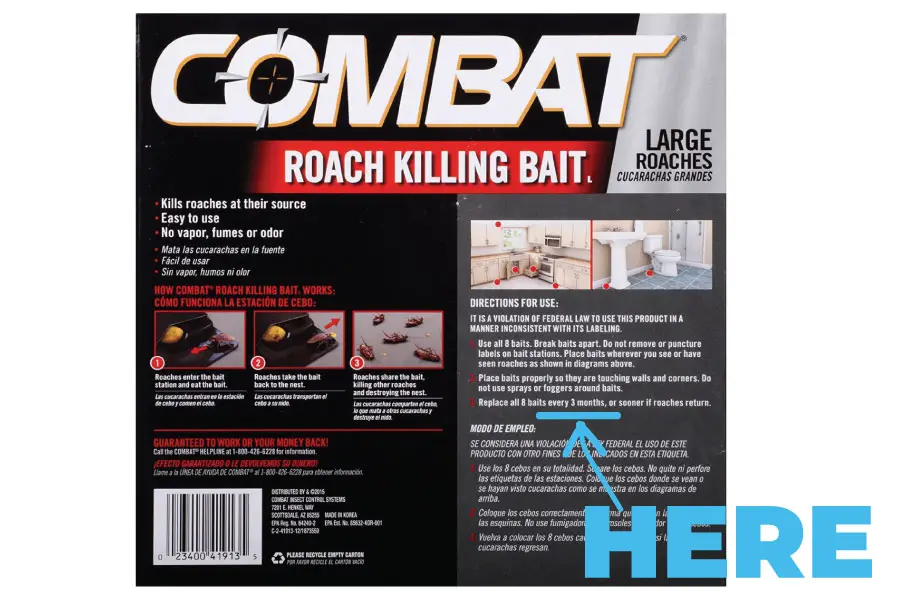 A picture of the backside of combat roach killing bait packaging with the duration of how long it will last marked with blue text