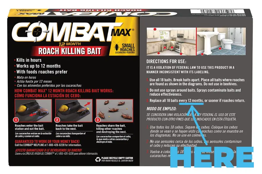 A picture of the backside of combat max roach killing bait packaging with the duration of how long it will last marked with blue text