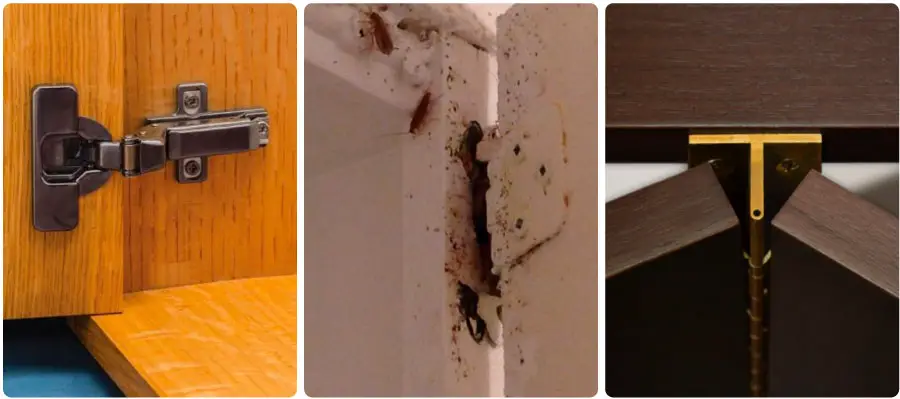An image showing different types of hinges where roaches can hide